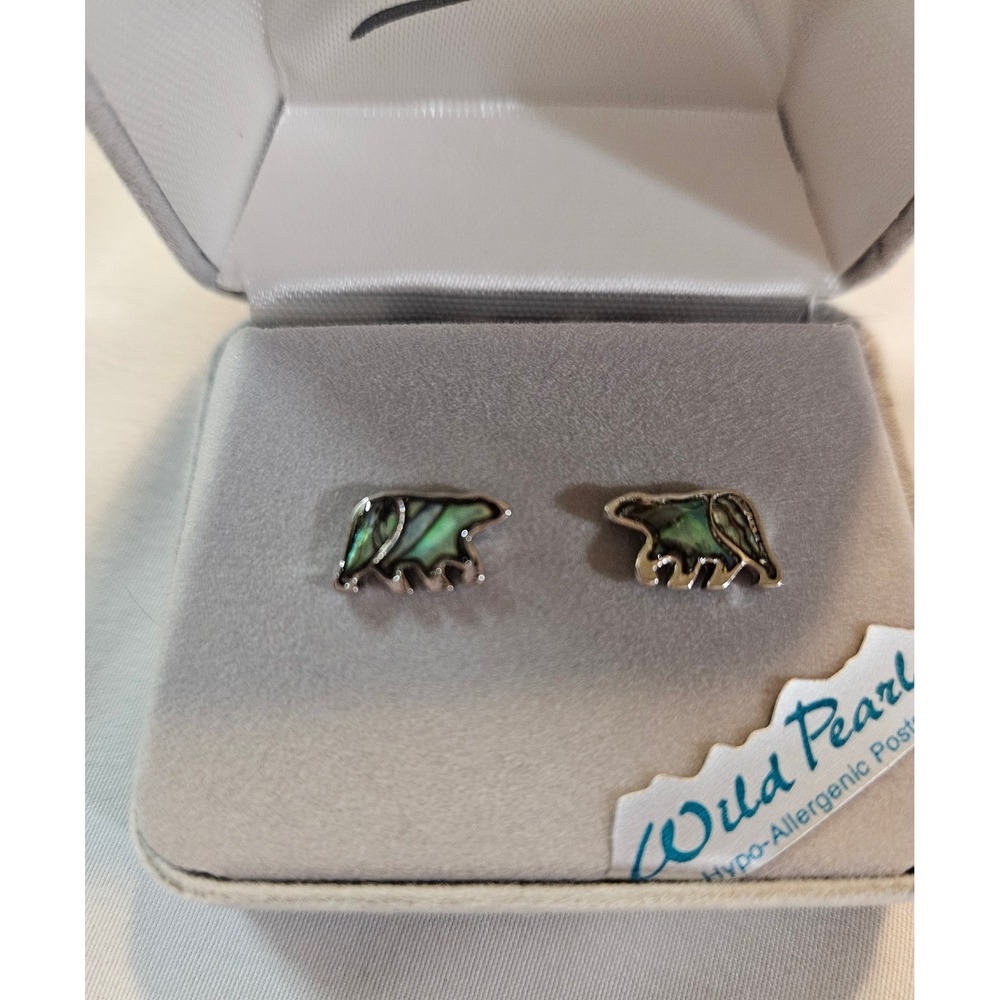 Wild Pearle Abalone Shell Bear Stud Earrings Hypoallergenic Silver Tone Boxed
